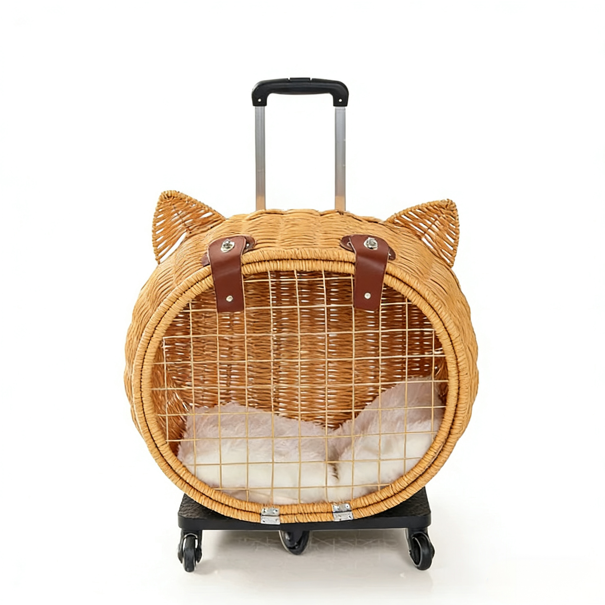 Handwoven Rattan Pet Rolling Carrier | Cat Ear Design Travel Luggage for Dogs & Cats