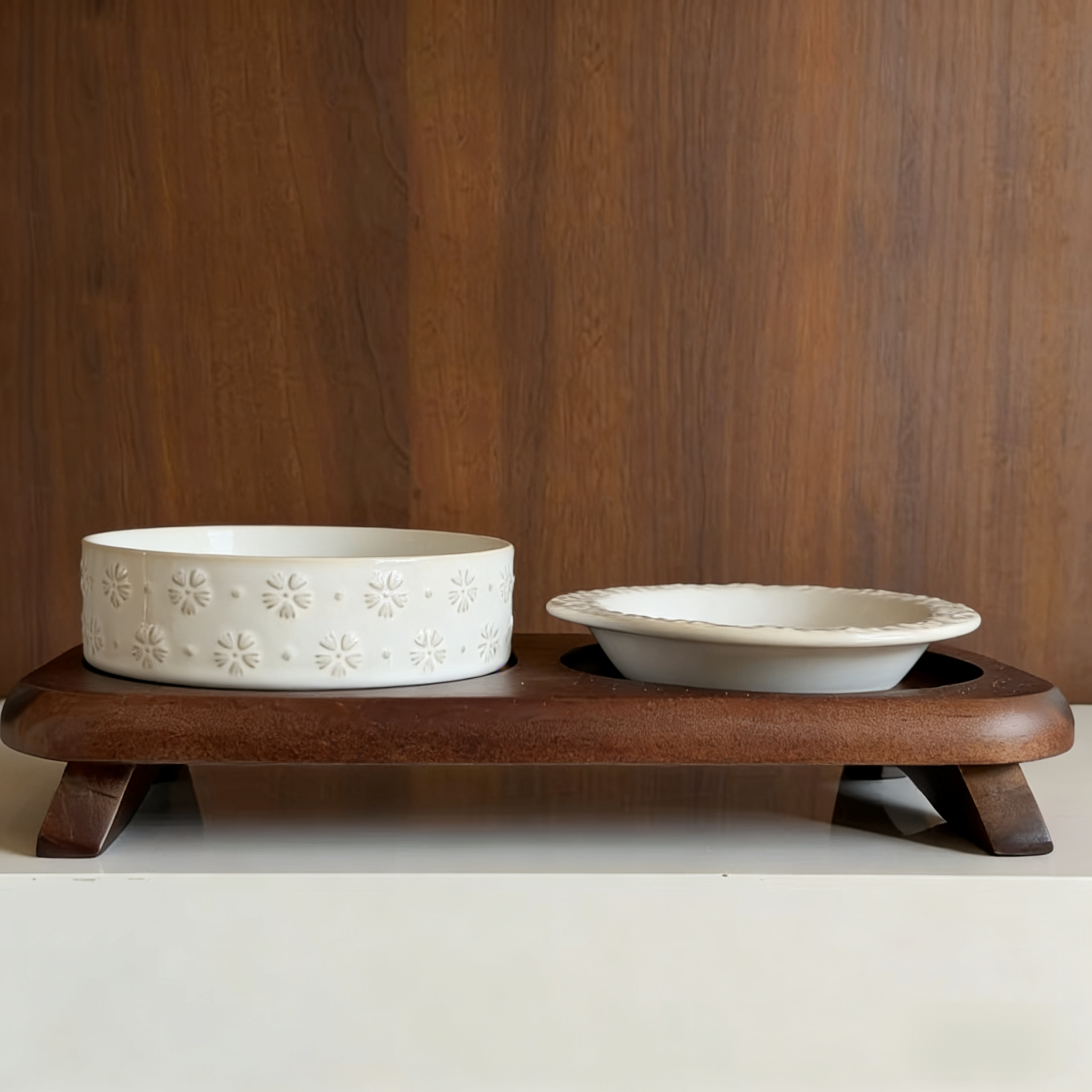 Vintage Relief Ceramic Pet Double Bowl Set - Customizable for Food & Water, Elevated Wood Stand