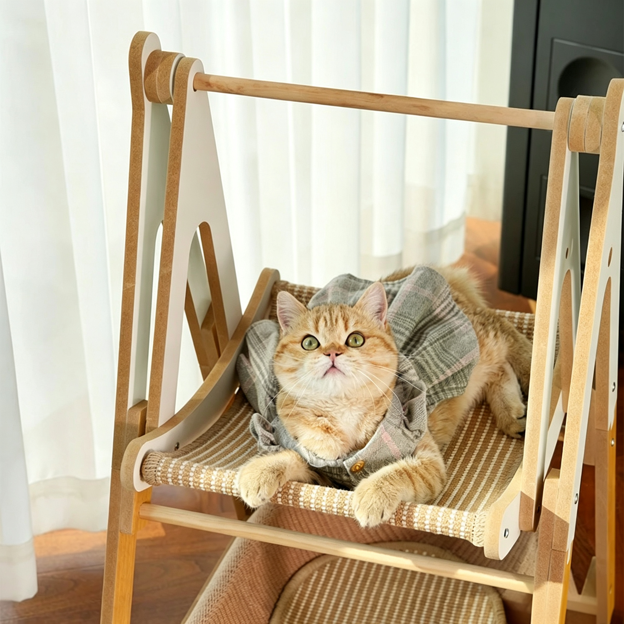 Adjustable Wooden Cat Swing Hammock with Sisal Bed