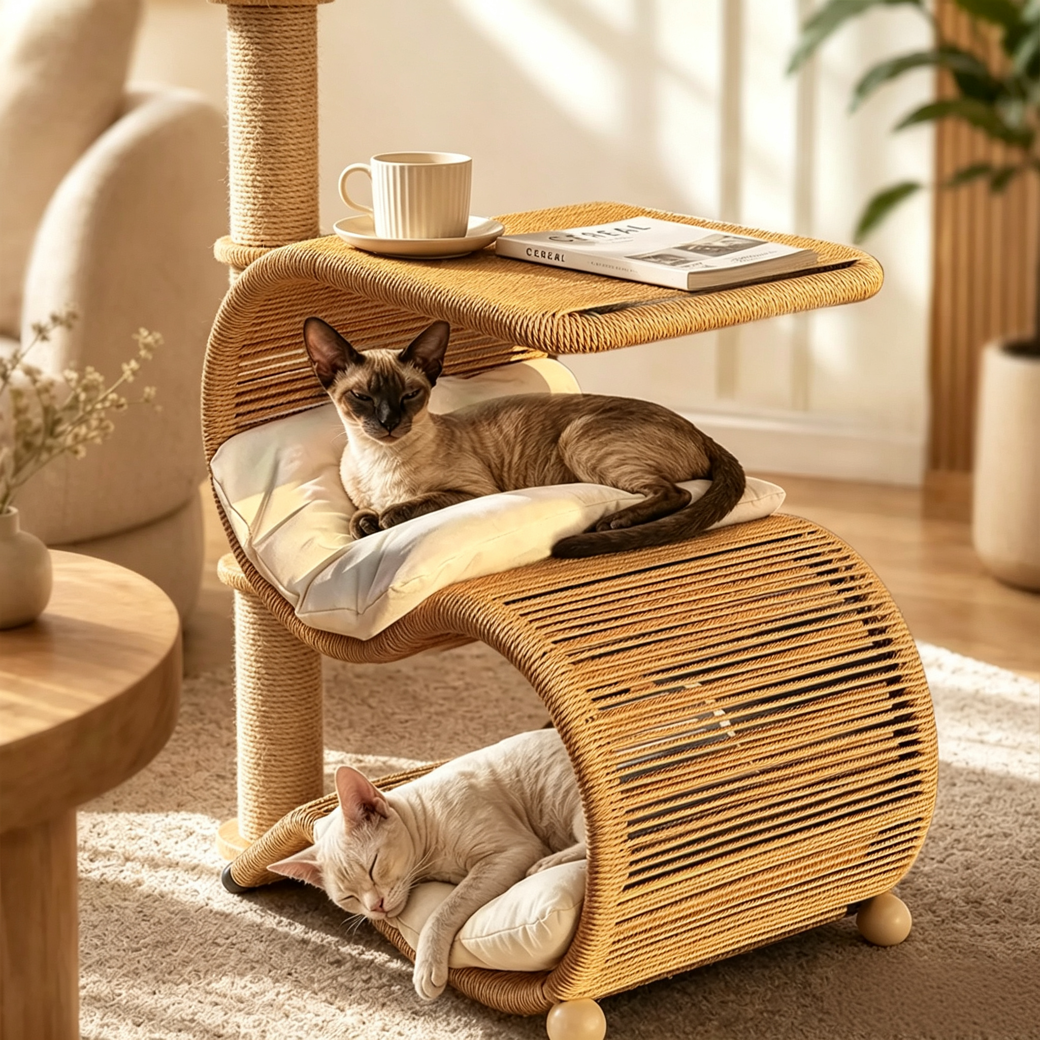S-Shaped Wicker Cat Bed with Side Table | Free Cushions