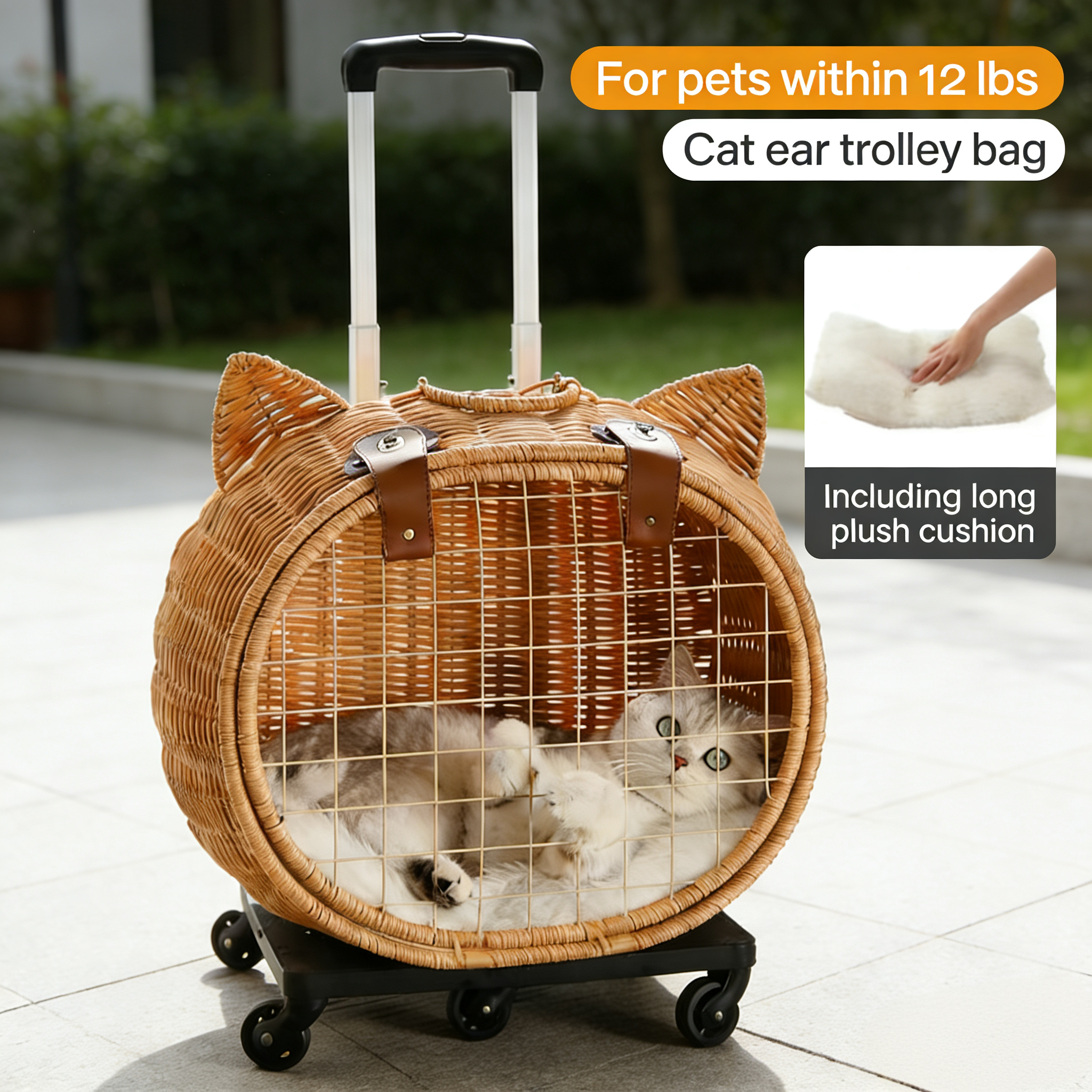 Handwoven Rattan Pet Rolling Carrier | Cat Ear Design Travel Luggage for Dogs & Cats