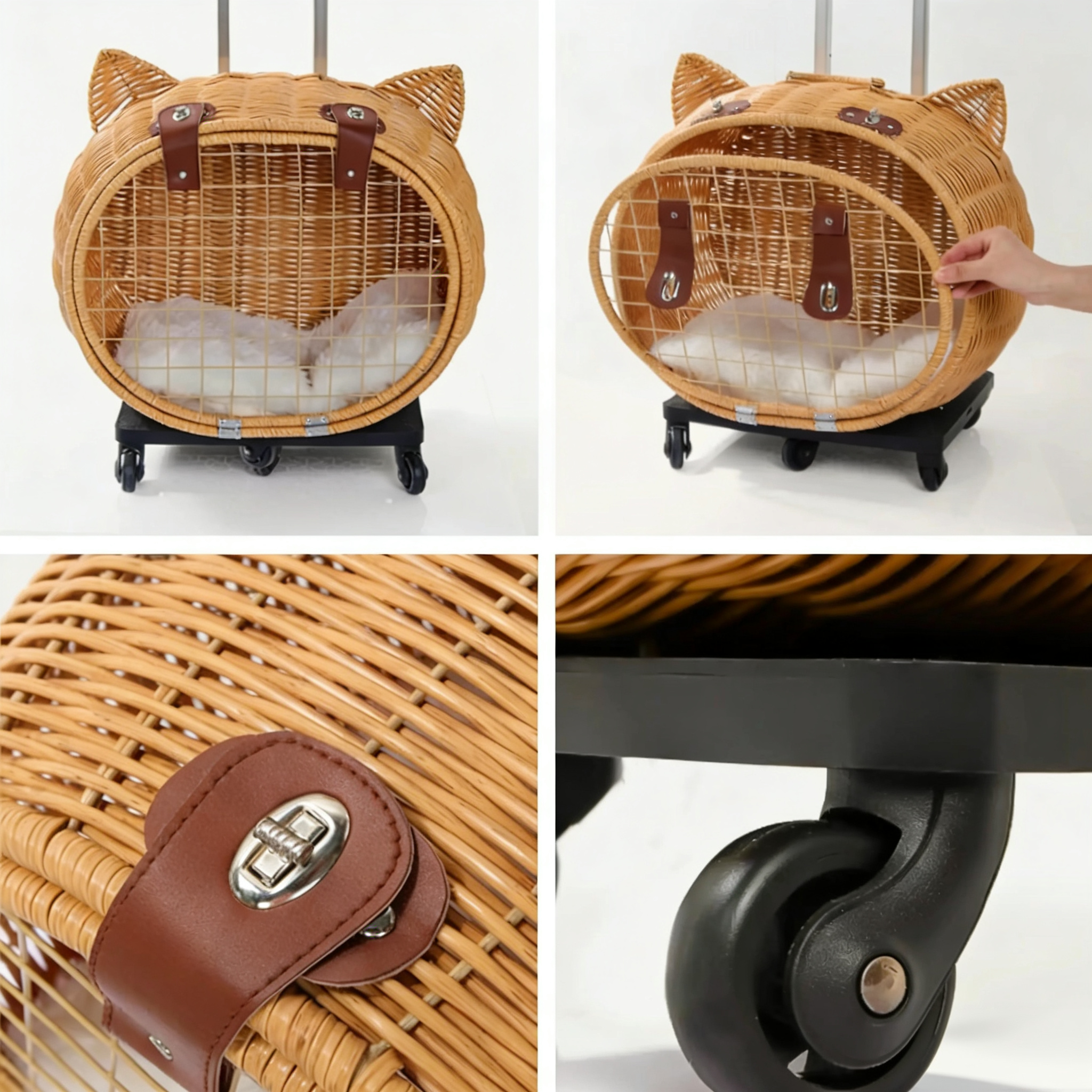 Handwoven Rattan Pet Rolling Carrier | Cat Ear Design Travel Luggage for Dogs & Cats