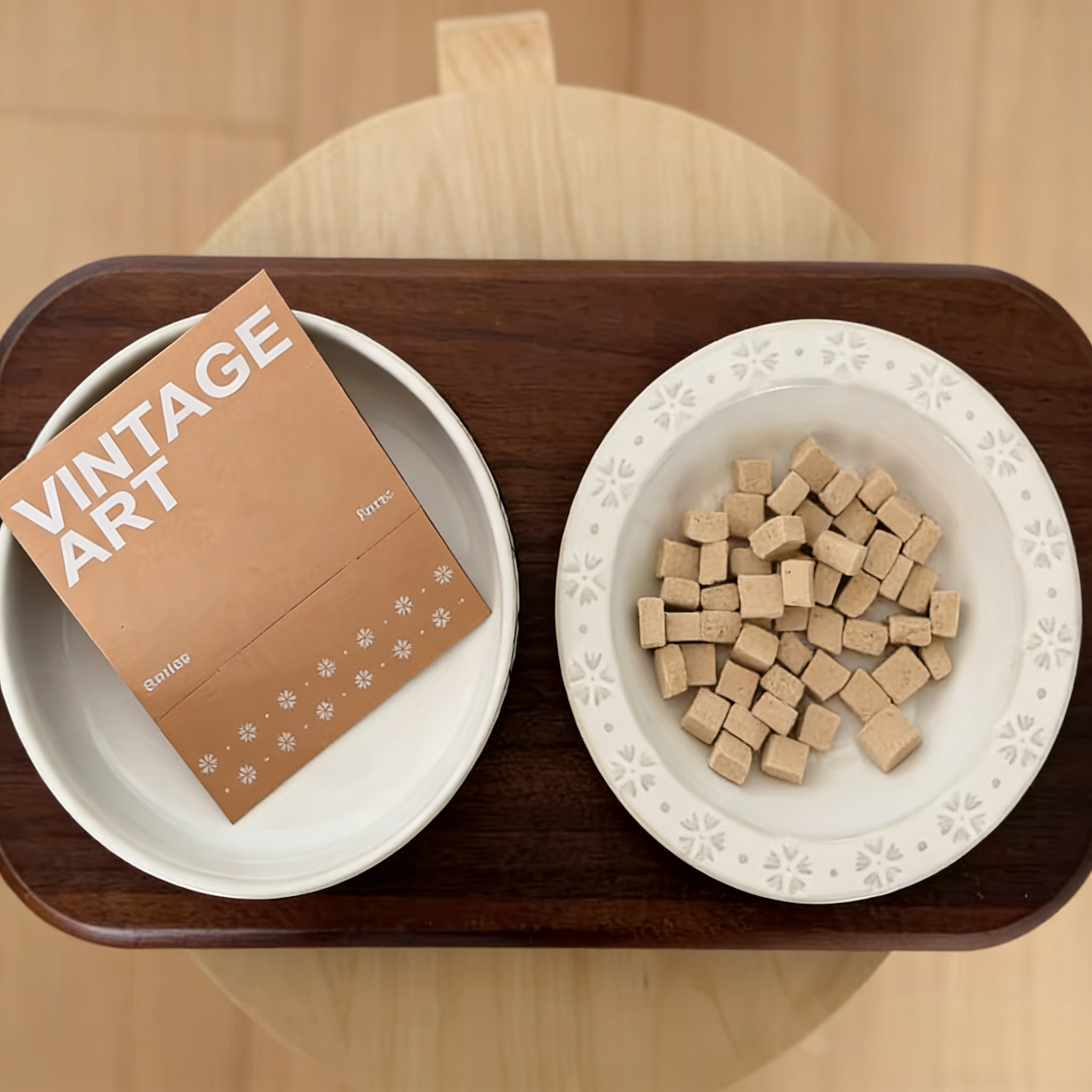 Vintage Relief Ceramic Pet Double Bowl Set - Customizable for Food & Water, Elevated Wood Stand