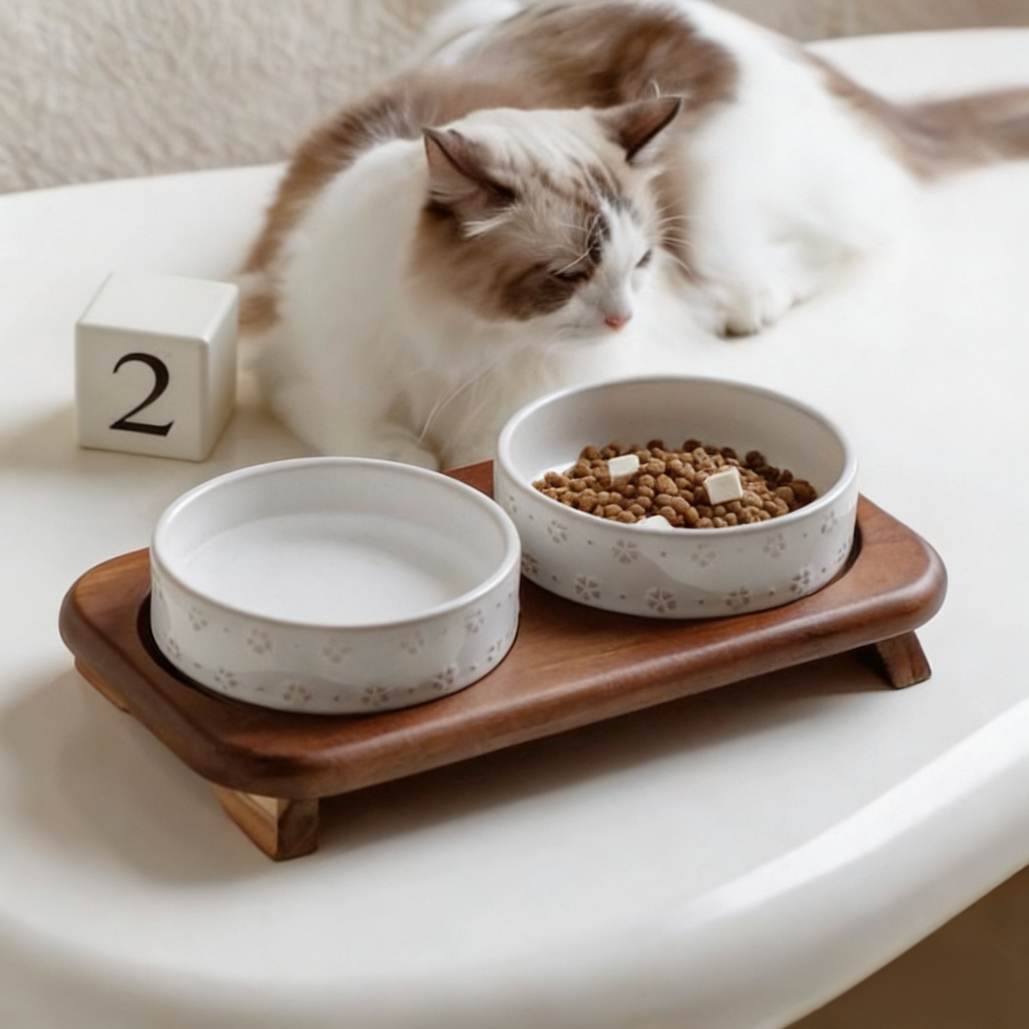 Vintage Relief Ceramic Pet Double Bowl Set - Customizable for Food & Water, Elevated Wood Stand