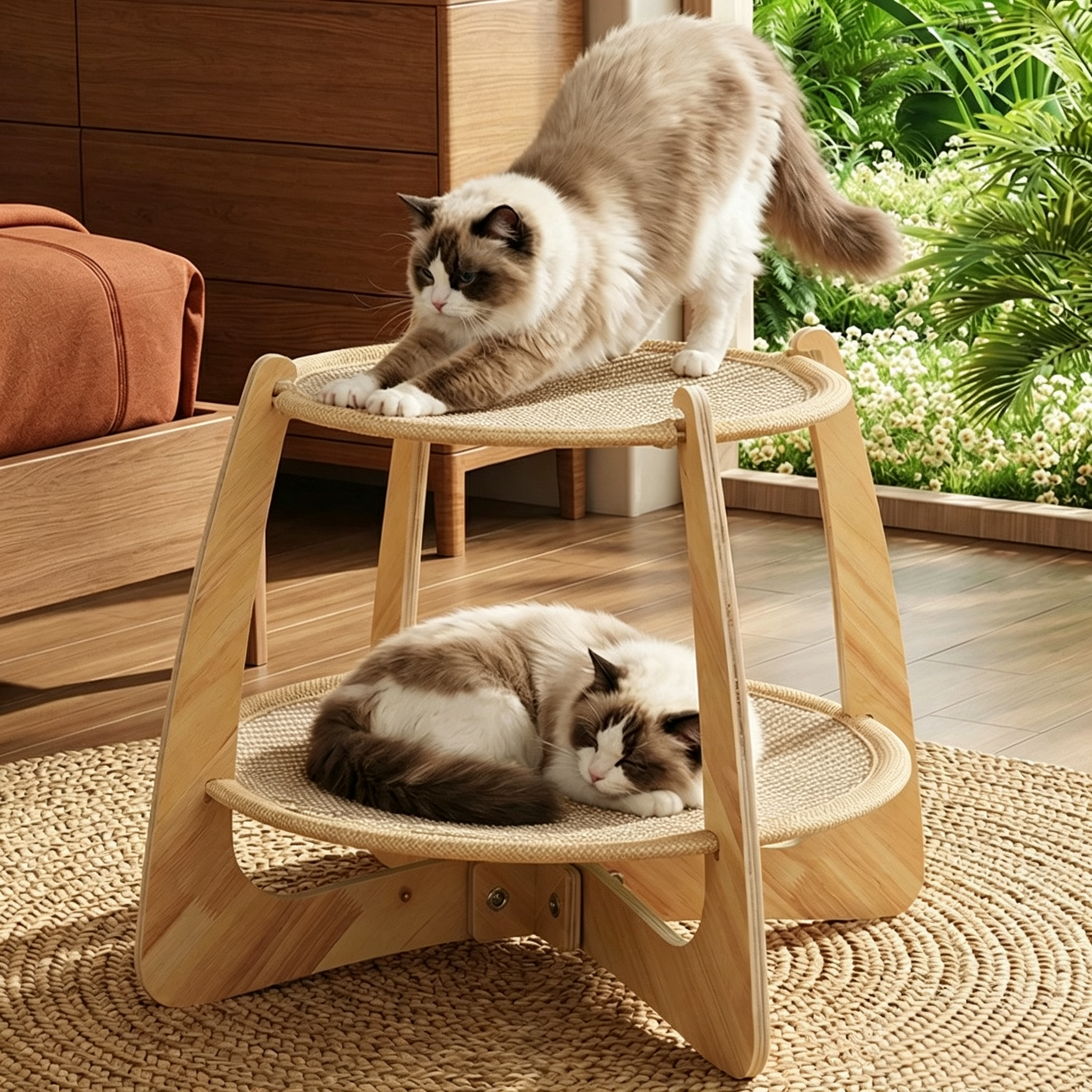 Natural Wood Double-Level Cat Bed with All-Season Sisal Pad