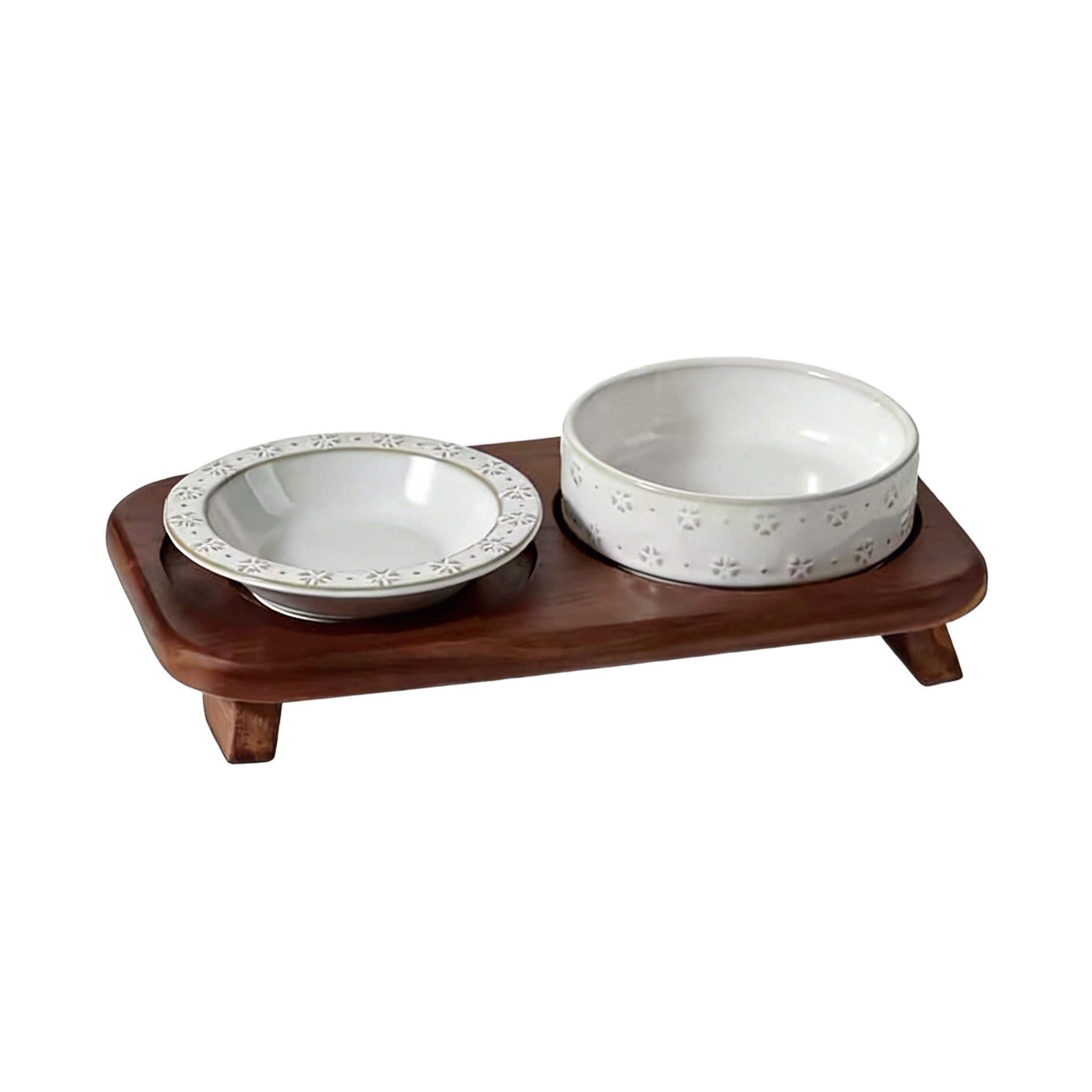 Vintage Relief Ceramic Pet Double Bowl Set - Customizable for Food & Water, Elevated Wood Stand