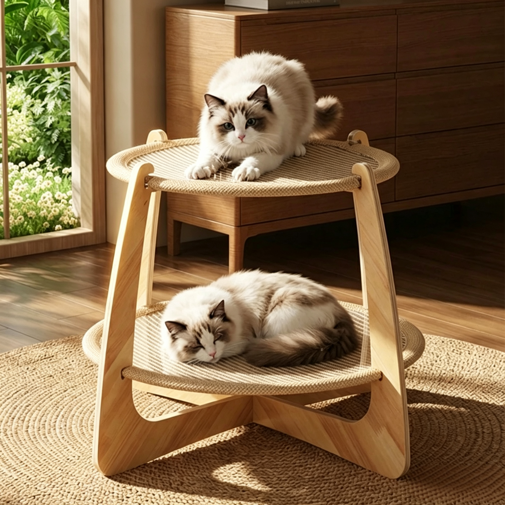 Natural Wood Double-Level Cat Bed with All-Season Sisal Pad