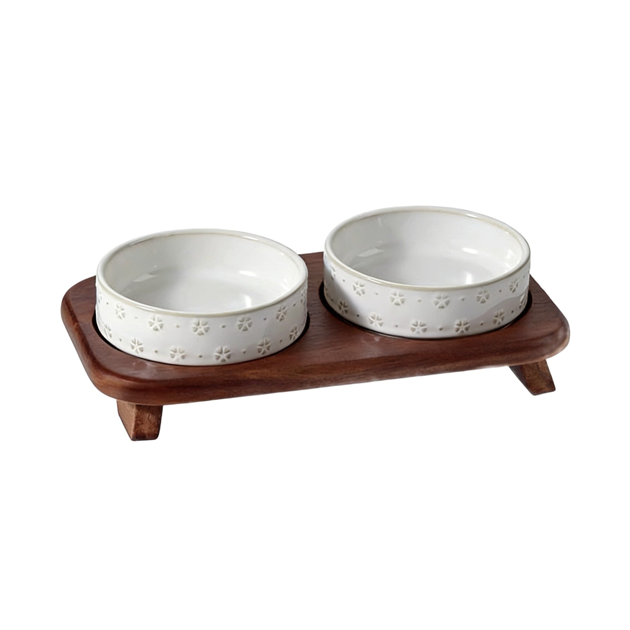 Vintage Relief Ceramic Pet Double Bowl Set - Customizable for Food & Water, Elevated Wood Stand