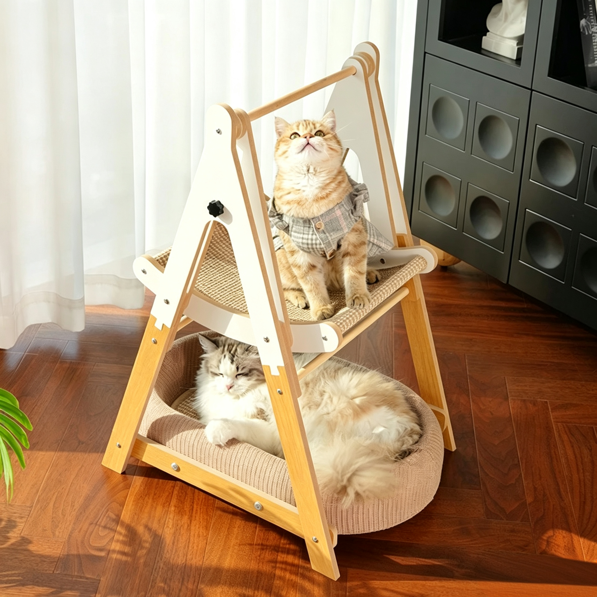 Adjustable Wooden Cat Swing Hammock with Sisal Bed