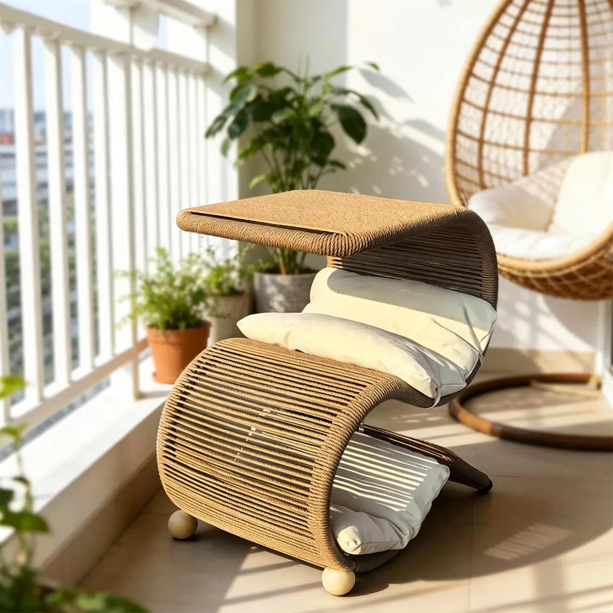 S-Shaped Wicker Cat Bed with Side Table | Free Cushions