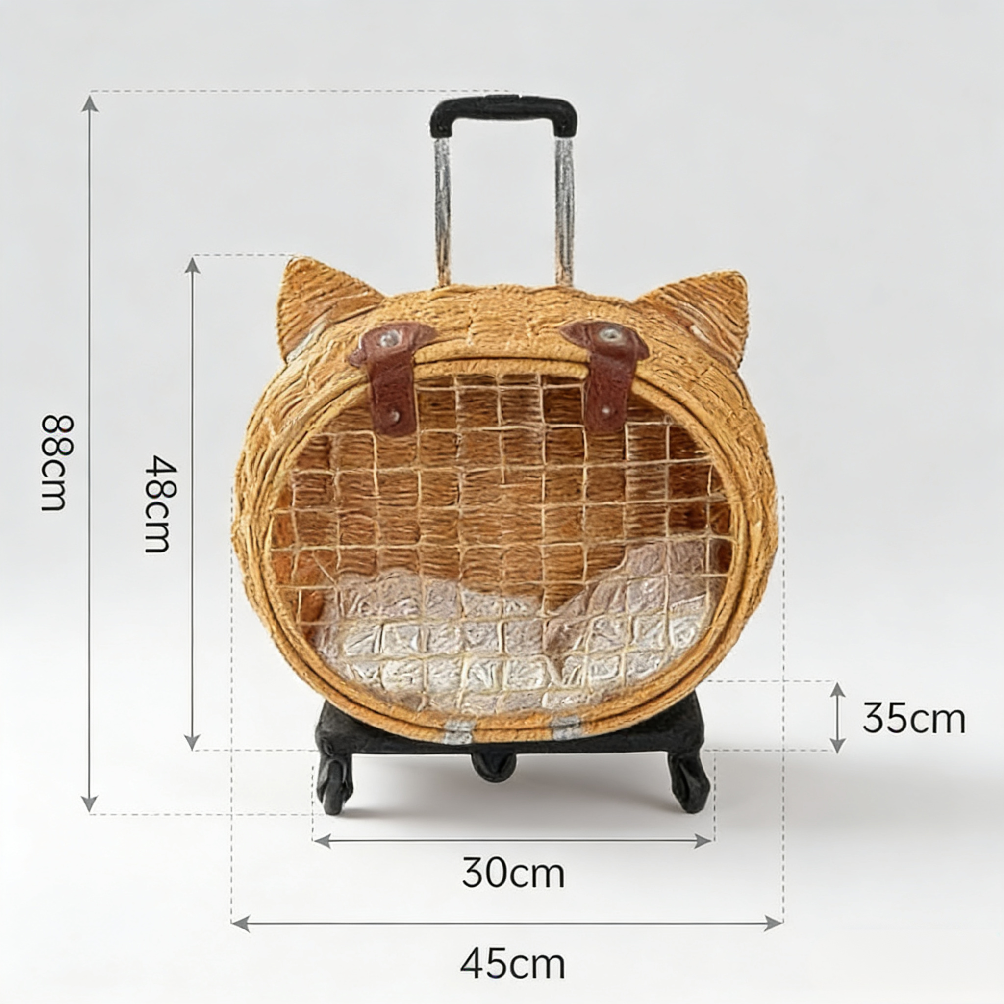 Handwoven Rattan Pet Rolling Carrier | Cat Ear Design Travel Luggage for Dogs & Cats