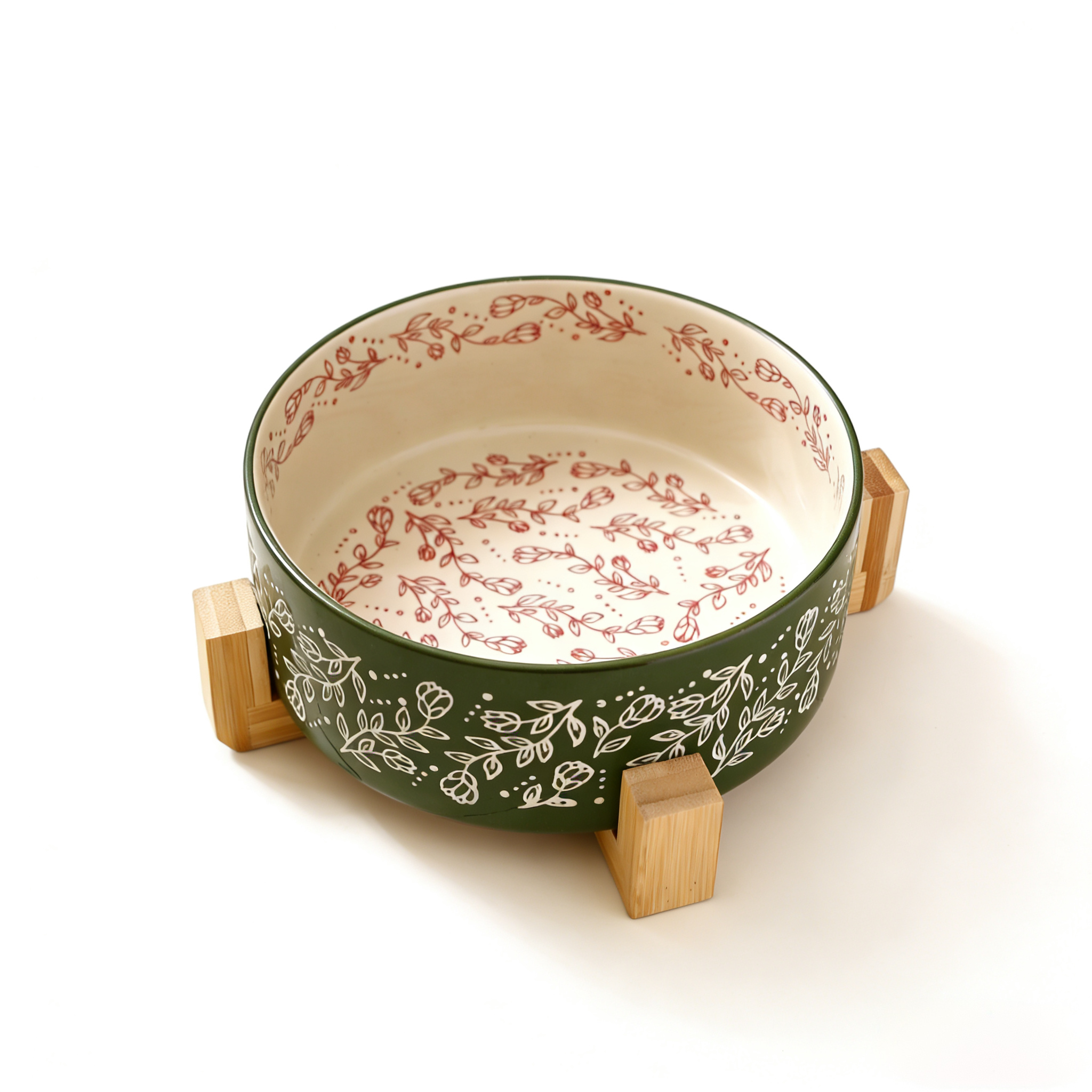 Vintage Floral Elevated Ceramic Pet Bowl - Anti-Tip Bamboo Stand (for Cats & Dogs)