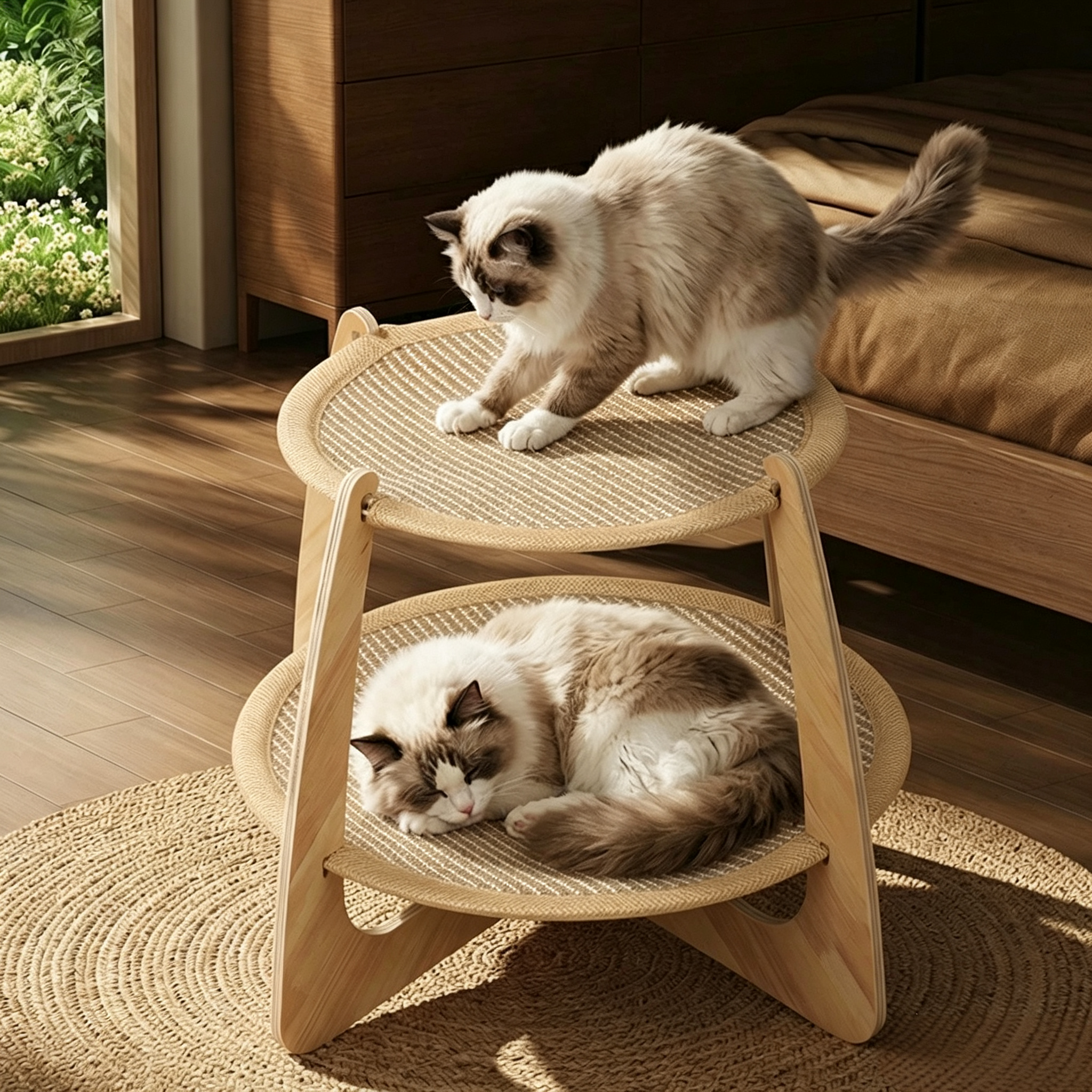 Natural Wood Double-Level Cat Bed with All-Season Sisal Pad