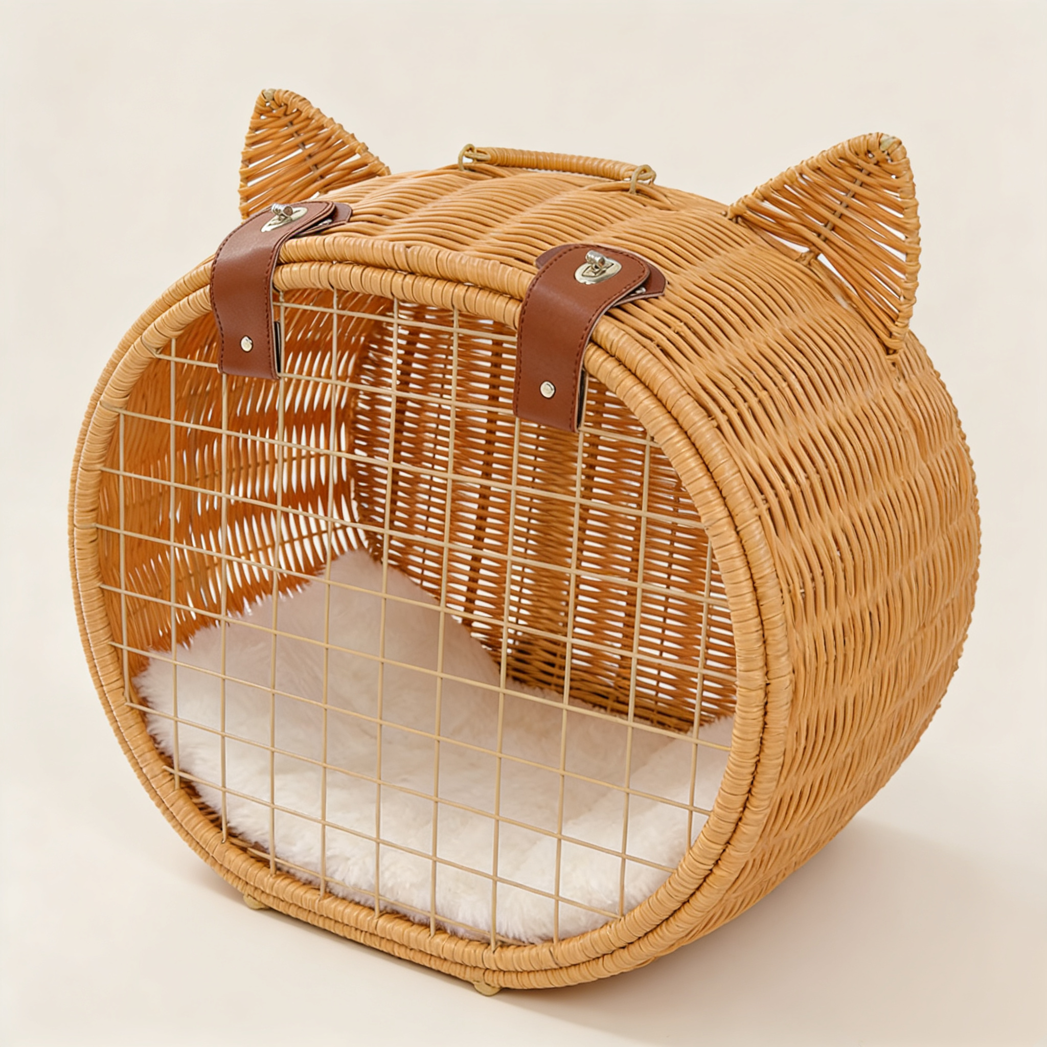 Handwoven Rattan Pet Rolling Carrier | Cat Ear Design Travel Luggage for Dogs & Cats