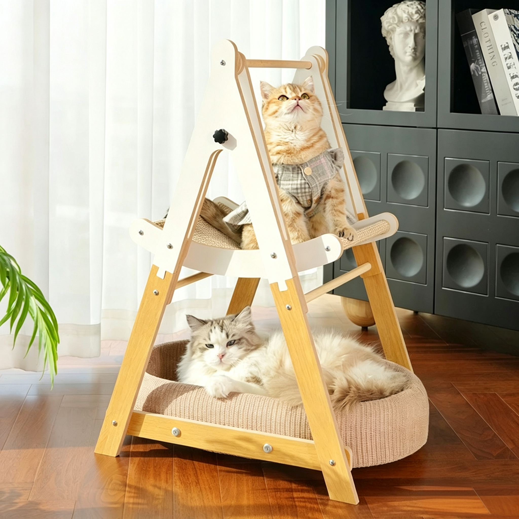 Adjustable Wooden Cat Swing Hammock with Sisal Bed