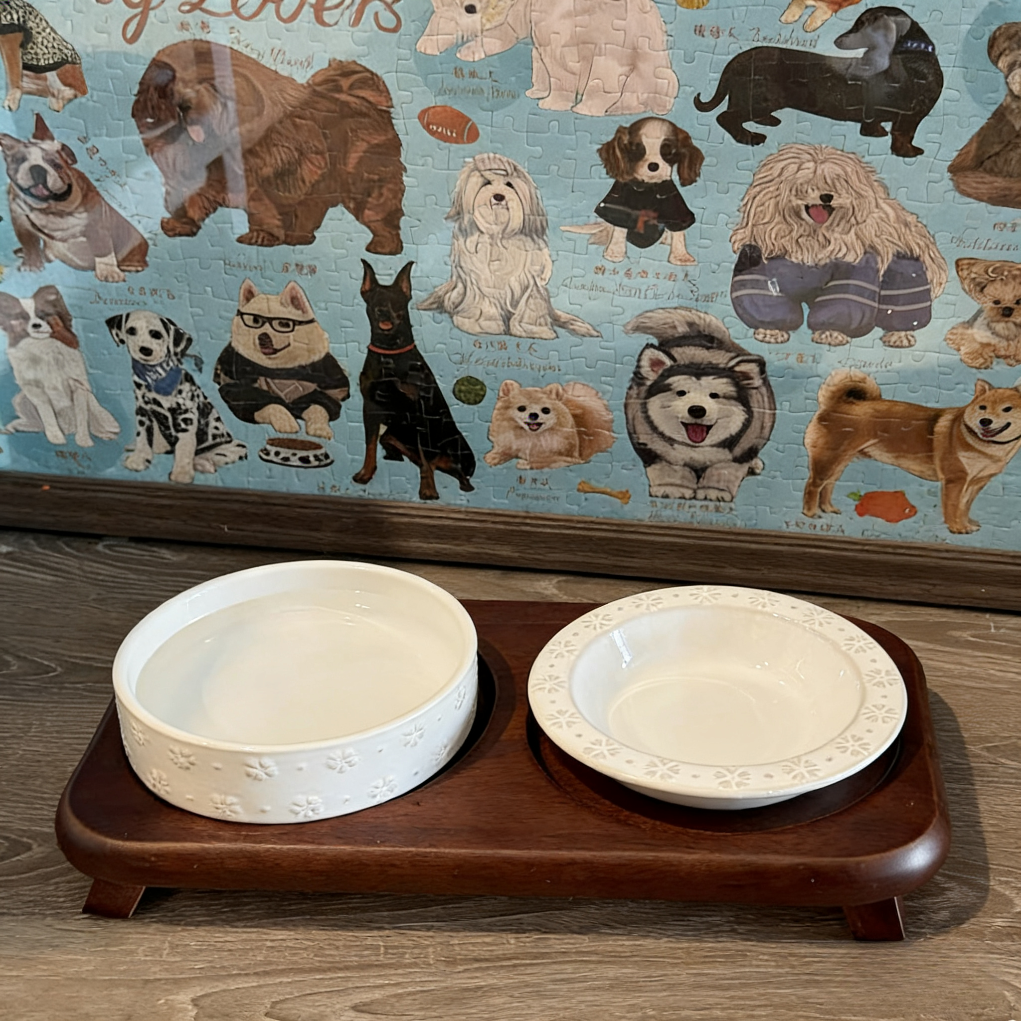 Vintage Relief Ceramic Pet Double Bowl Set - Customizable for Food & Water, Elevated Wood Stand