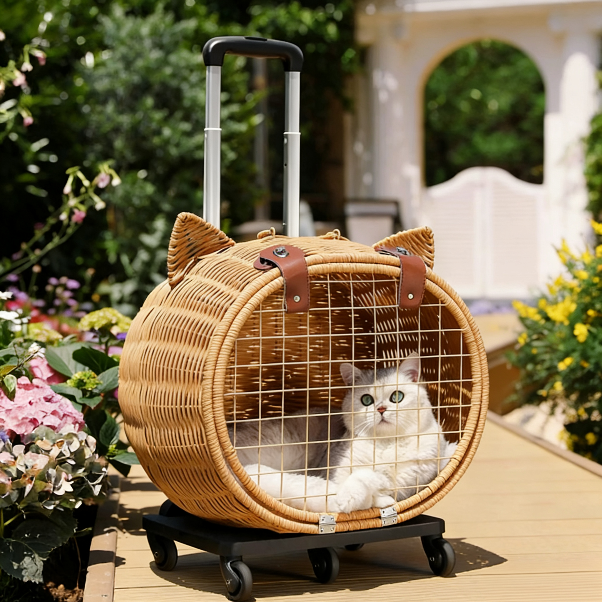 Handwoven Rattan Pet Rolling Carrier | Cat Ear Design Travel Luggage for Dogs & Cats