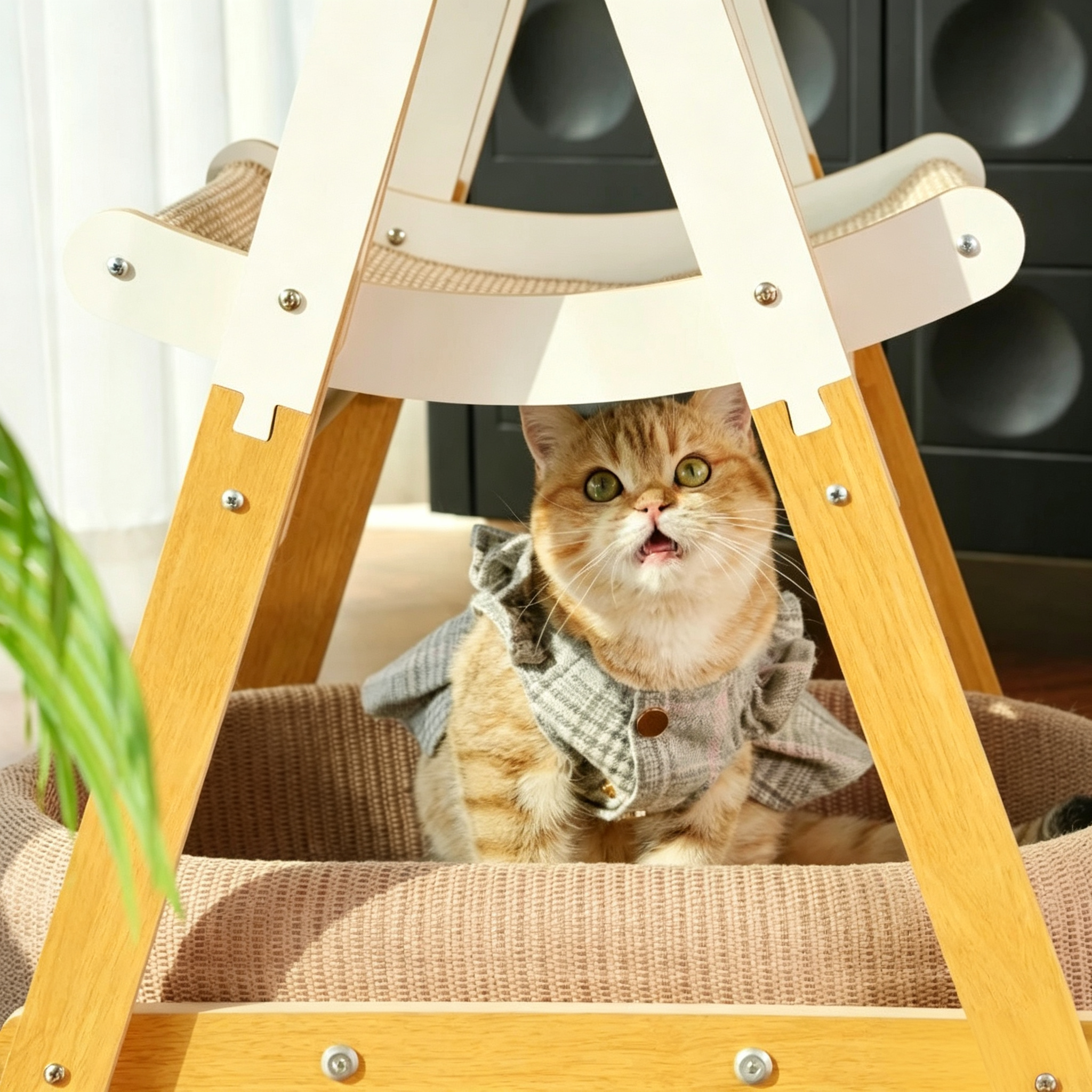 Adjustable Wooden Cat Swing Hammock with Sisal Bed