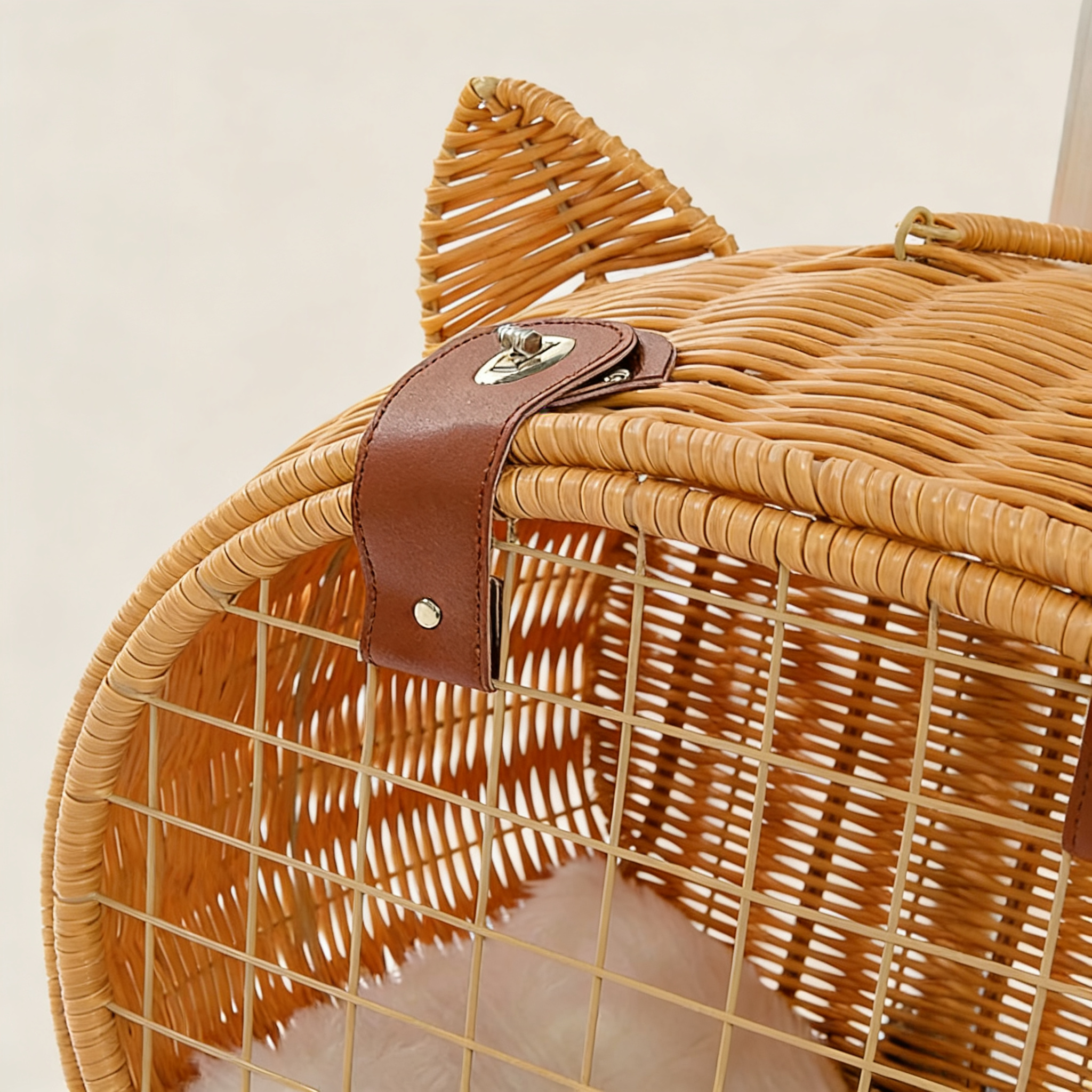 Handwoven Rattan Pet Rolling Carrier | Cat Ear Design Travel Luggage for Dogs & Cats