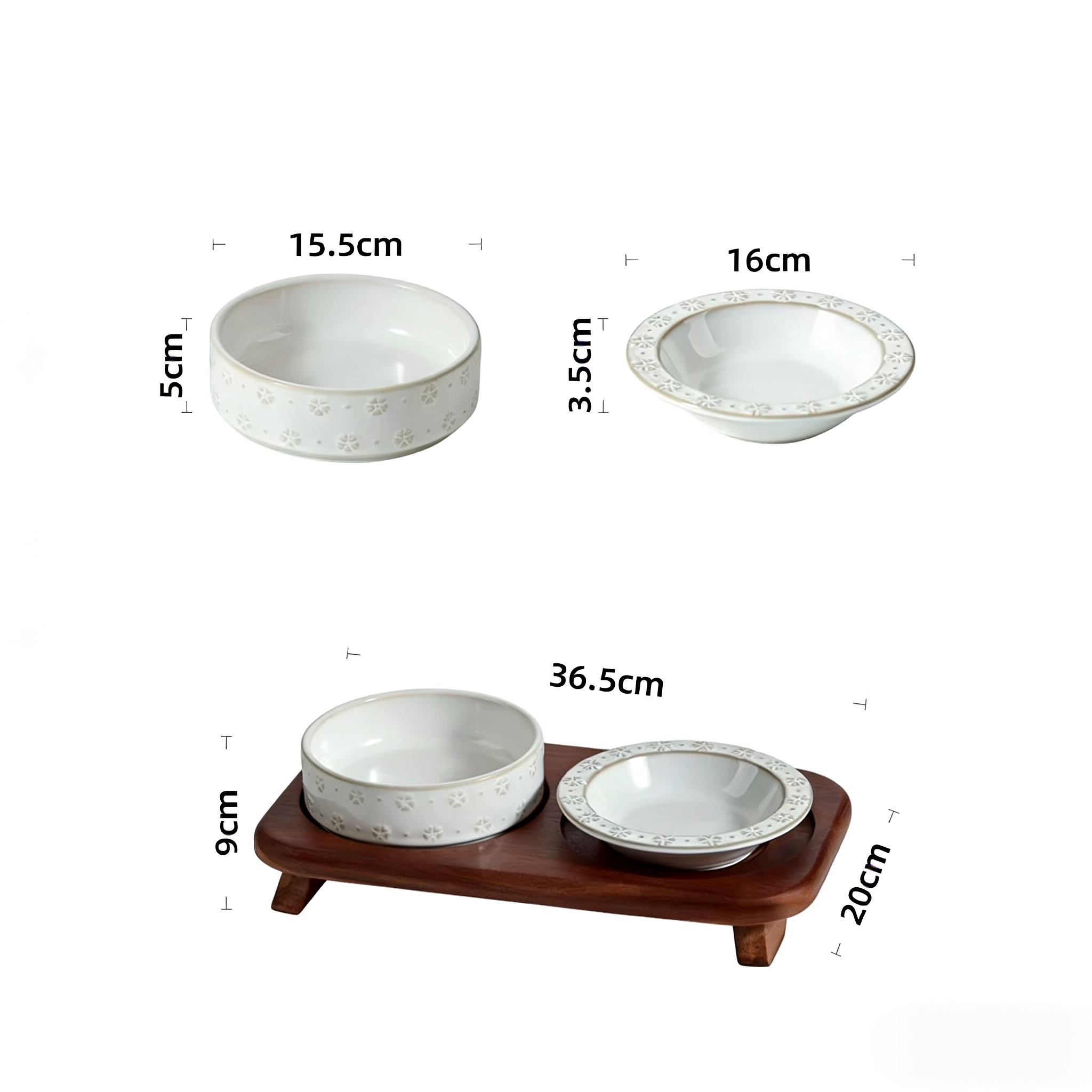 Vintage Relief Ceramic Pet Double Bowl Set - Customizable for Food & Water, Elevated Wood Stand