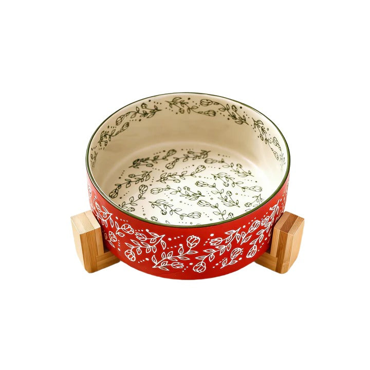Vintage Floral Elevated Ceramic Pet Bowl - Anti-Tip Bamboo Stand (for Cats & Dogs)