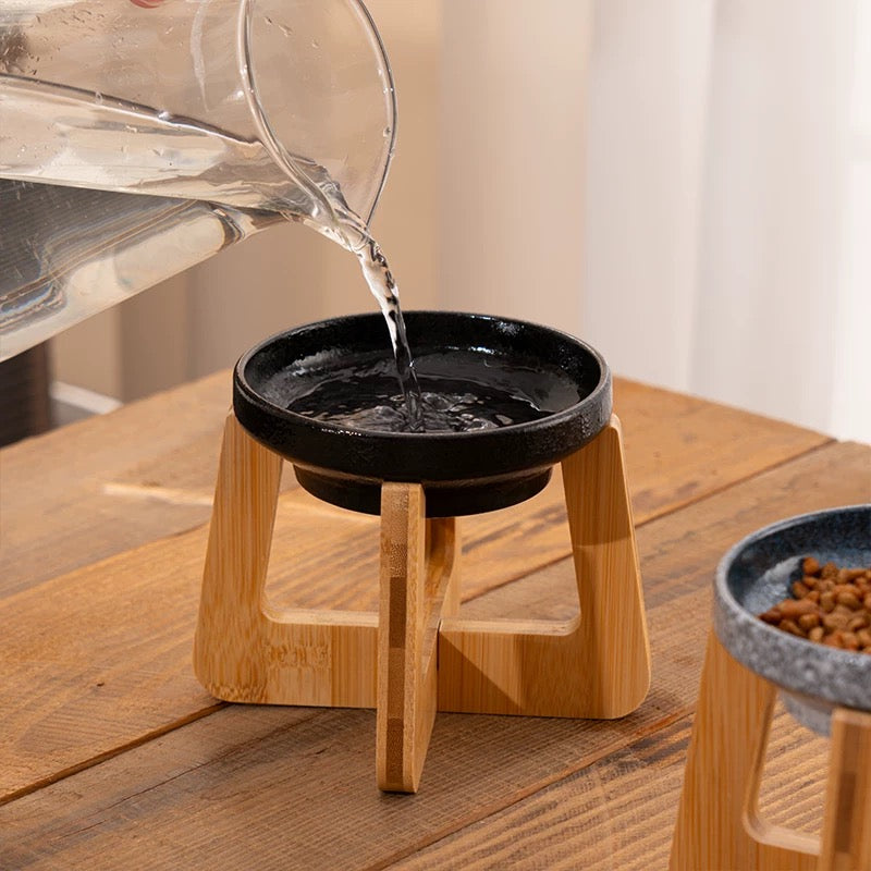 Retro Raised Pet Bowl with Bamboo Frame - Ceramic Dog Cat Food Bowl