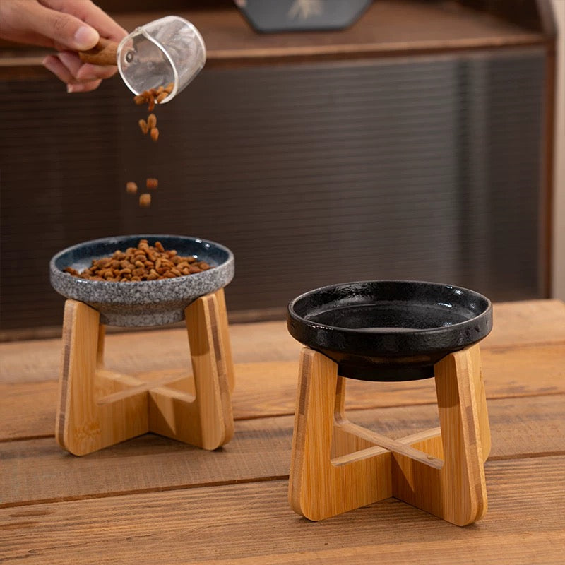 Retro Raised Pet Bowl with Bamboo Frame - Ceramic Dog Cat Food Bowl