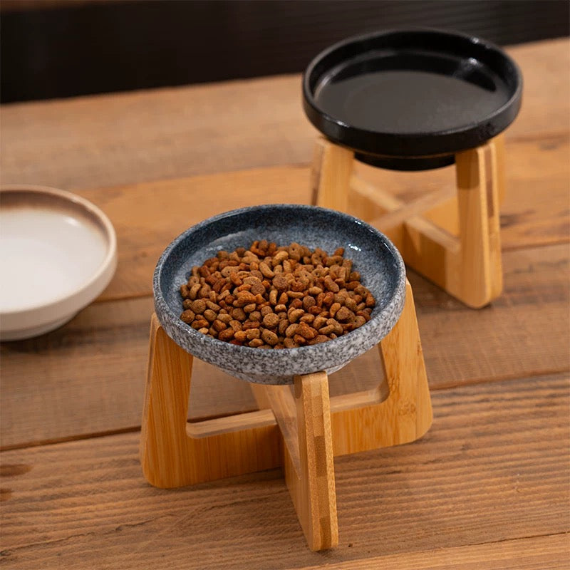 Retro Raised Pet Bowl with Bamboo Frame - Ceramic Dog Cat Food Bowl