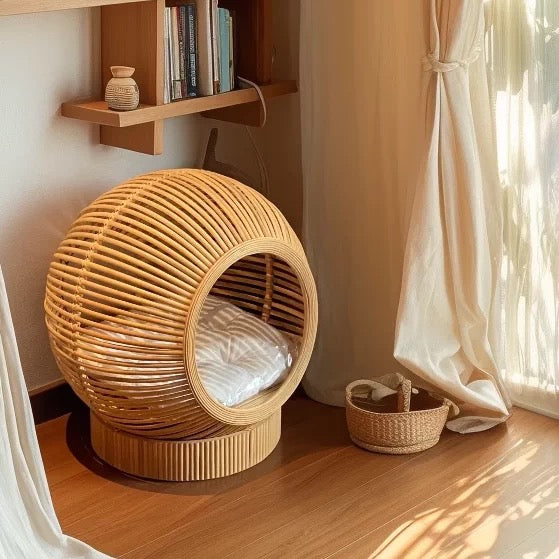 Rattan Cat Bed with Soft Cushion